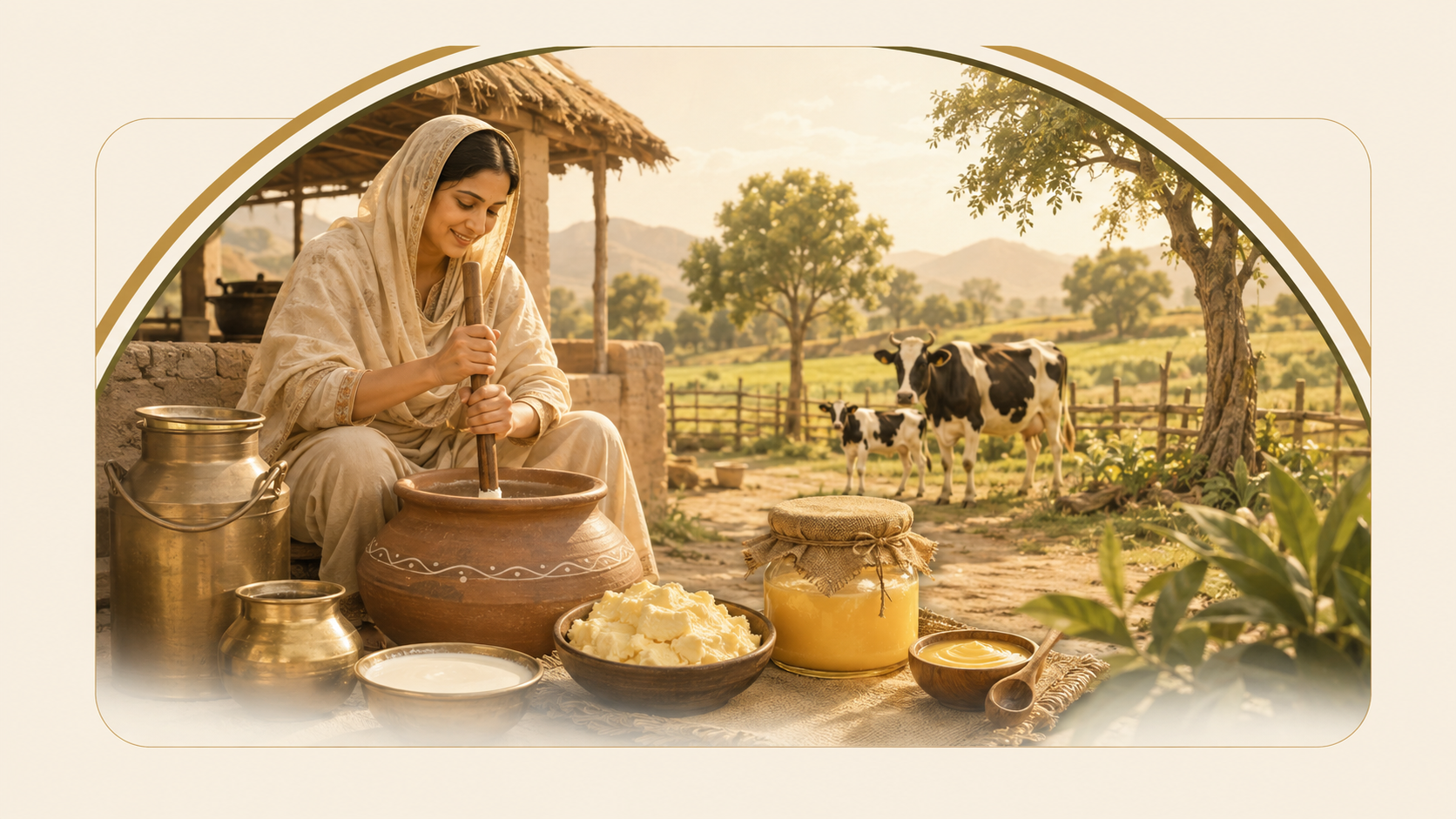 Healthy Ghar farmhouse illustration with cows and countryside